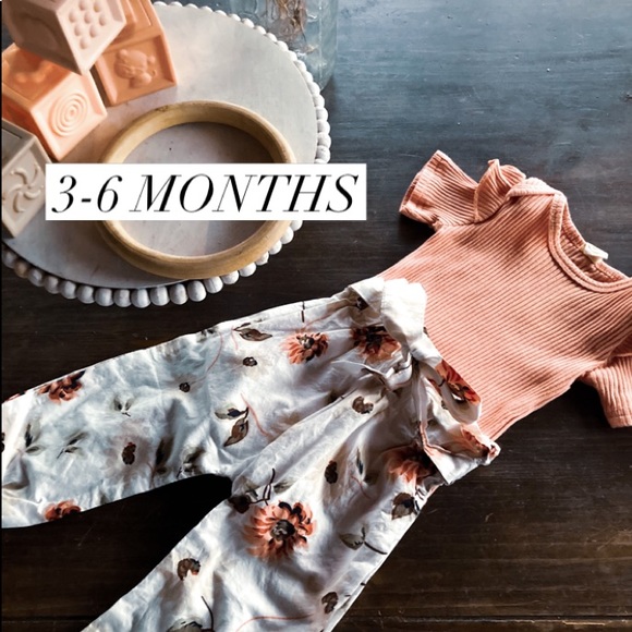 Other - 3pc Baby Girl Romper w/Floral Pants & Matching Bow